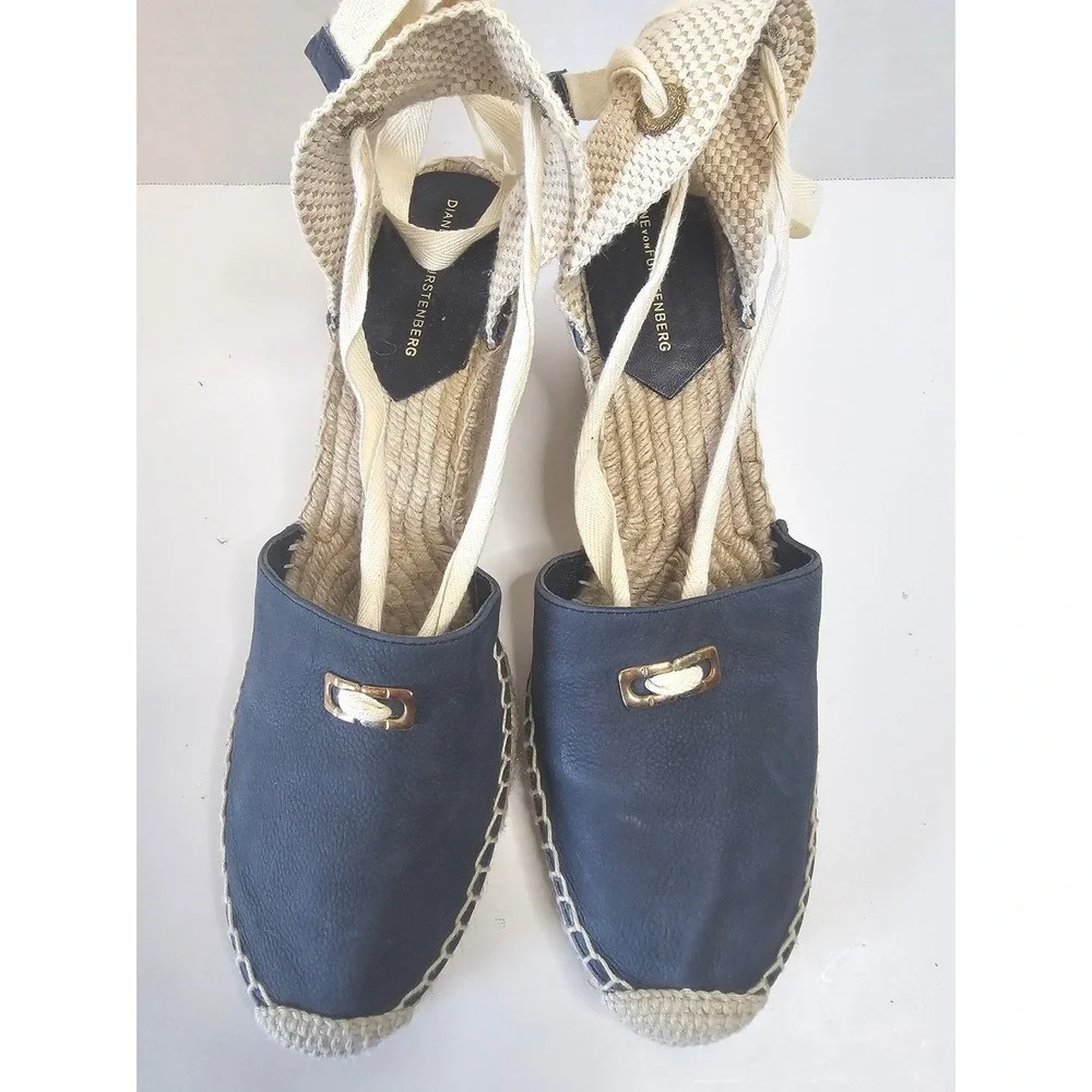Diane von Furstenberg Marcelle Espadrille Wedge Sandals Blue Calf Leather  SZ 11